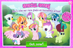 Size: 1084x720 | Tagged: safe, gameloft, idw, official, character:coconut cream, character:cucumber seed, character:graff, character:kettle corn, character:li'l griffon, character:princess flurry heart, character:sea poppy, character:skeedaddle, character:toola roola, species:alicorn, species:classical hippogriff, species:crystal pony, species:earth pony, species:griffon, species:hippogriff, species:pony, species:unicorn, advertisement, chickub, colt, crystallized, diaper, female, filly, fledgeling, foal, game screencap, gilded lily, hippogriff filly, hmm, idw showified, male, sea poppy, spread wings, turban, wings