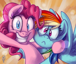 Size: 1339x1124 | Tagged: safe, artist:whitediamonds, character:pinkie pie, character:rainbow dash, species:earth pony, species:pegasus, species:pony, blushing, duo, female, looking at you, mare, selfie, smiling