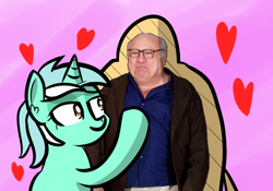 Size: 674x473 | Tagged: safe, artist:artiks, character:lyra heartstrings, species:human, species:pony, species:unicorn, episode:hearts and hooves day, g4, my little pony: friendship is magic, canon x irl human, cardboard cutout, danny devito, female, heart, shipping, that pony sure does love humans
