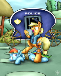Size: 1024x1280 | Tagged: safe, artist:sugar morning, character:applejack, character:rainbow dash, species:pegasus, species:pony, episode:tanks for the memories, g4, my little pony: friendship is magic, abuse, angry, arrested, bad end, bipedal, bound wings, cart, cuffs, dashabuse, female, hand cuffs, mare, never doubt rainbowdash69's involvement, police, police officer, police uniform, prisoner rd, rope, shackles, tied
