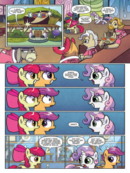 Size: 768x1024 | Tagged: safe, artist:agnesgarbowska, idw, character:apple bloom, character:big mcintosh, character:cranky doodle donkey, character:jeff letrotski, character:mayor mare, character:scootaloo, character:sweetie belle, species:earth pony, species:pegasus, species:pony, species:unicorn, bow, colter sobchak, cutie mark crusaders, female, filly, hair bow, kingpin, looking at each other, male, mare, ponyville mysteries, preview, smiling, stallion