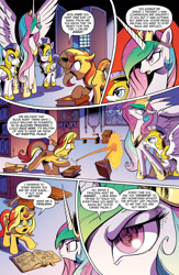 Size: 1073x1650 | Tagged: safe, idw, character:princess celestia, character:sunset shimmer, species:alicorn, species:pegasus, species:pony, species:unicorn, advertisement, angry, barrier, book, bookshelf, eye reflection, female, idw advertisement, library, magic, male, preview, reflection, royal guard, scroll, shield, sin of pride, spread wings, wings