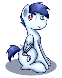 Size: 1024x1280 | Tagged: safe, artist:sugar morning, oc, oc only, oc:slipstream, species:pegasus, species:pony, cute, handsome, heterochromia, looking up, male, simple background, sitting, smiling, solo, stallion, transparent background