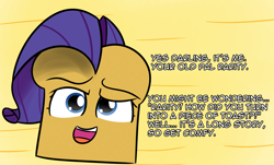 Size: 1598x964 | Tagged: safe, artist:artiks, character:rarity, bread, darling, dialogue, female, food, inanimate tf, solo, species swap, toast, transformation