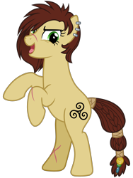 Size: 2400x3200 | Tagged: safe, artist:cheezedoodle96, idw, species:earth pony, species:pony, legends of magic, .svg available, braid, braided tail, coin, ear piercing, earring, female, hair over one eye, idw showified, jewelry, looking at you, mare, messy mane, mighty helm, open mouth, piercing, rearing, scar, simple background, solo, steela oresdotter, svg, tail wrap, tongue out, transparent background, triskelion, vector
