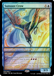 Size: 375x523 | Tagged: safe, artist:sararichard, edit, idw, species:bird, species:crow, beak hold, ccg, colored wings, fire, magic the gathering, mouth hold, multicolored wings, rainbow crow, solo, spread wings, sun, trading card, trading card edit, wings