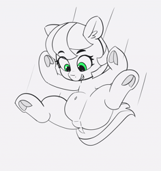 Size: 1280x1357 | Tagged: safe, artist:pabbley, idw, species:pony, 30 minute art challenge, action pose, cherry blossom (idw), dock, featureless crotch, frog (hoof), green eyes, hoofbutt, lineart, partial color, smiling, solo, spread legs, spreading, underhoof