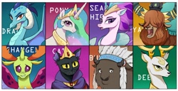 Size: 1280x657 | Tagged: safe, artist:foresterrr, idw, character:chief thunderhooves, character:king aspen, character:prince rutherford, character:princess celestia, character:princess ember, character:queen novo, character:thorax, species:abyssinian, species:buffalo, species:changeling, species:dragon, species:pony, species:reformed changeling, species:seapony (g4), species:yak, my little pony: the movie (2017), abyssinian king, crown, female, jewelry, looking at you, male, mare, regalia, royalty