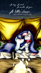 Size: 750x1334 | Tagged: safe, artist:sugar morning, oc, oc only, oc:slipstream, oc:sugar morning, species:pegasus, species:pony, beach, blanket, bonfire, campfire, chocolate, couple, cute, date, female, food, happy anniversary, holding hooves, hot chocolate, love, male, mare, night, oc x oc, romantic, sand, shipping, stallion, starry sky, straight, sugarstream, tent, thermos