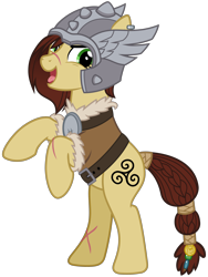 Size: 2400x3200 | Tagged: safe, alternate version, artist:cheezedoodle96, idw, species:earth pony, species:pony, legends of magic, .svg available, armor, braid, braided tail, clothing, coin, ear piercing, earring, female, hair over one eye, helmet, idw showified, jewelry, looking at you, mare, messy mane, mighty helm, open mouth, piercing, rearing, scar, simple background, solo, steela oresdotter, svg, tail wrap, tongue out, transparent background, triskelion, vector
