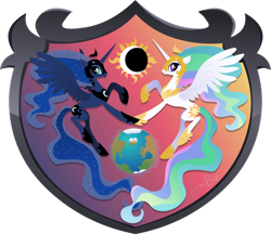 Size: 800x690 | Tagged: dead source, safe, artist:sambragg, character:princess celestia, character:princess luna, species:alicorn, species:pony, coat of arms, crescent moon, crest, ethereal mane, female, galaxy mane, helmet, heraldry, hoof shoes, mare, moon, peytral, planet, royal sisters, simple background, transparent background