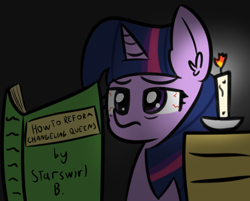 Size: 1118x901 | Tagged: safe, artist:artiks, character:twilight sparkle, species:pony, 30 minute art challenge, book, candle, dark, female, implied chrysalis, implied queen chrysalis, mare, solo, tired