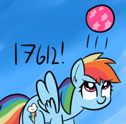 Size: 1360x1336 | Tagged: safe, artist:artiks, character:rainbow dash, species:pegasus, species:pony, 30 minute art challenge, ball, bouncing, female, mare, record, simple background, solo