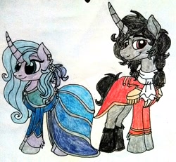 Size: 1256x1159 | Tagged: safe, artist:rosefang16, idw, character:king sombra, character:radiant hope, species:pony, species:unicorn, ship:hopebra, clothing, dress, female, gala dress, male, shipping, story included, straight, traditional art