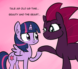 Size: 1992x1765 | Tagged: safe, artist:artiks, character:tempest shadow, character:twilight sparkle, character:twilight sparkle (alicorn), species:alicorn, species:pony, species:unicorn, ship:tempestlight, beauty and the beast, duo, female, lesbian, shipping