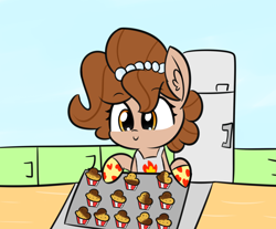 Size: 1444x1198 | Tagged: safe, artist:artiks, oc, oc only, oc:brownie bun, species:pony, newbie artist training grounds, apron, atg 2018, burned, clothing, female, food, mare, muffin, oven, refrigerator, solo