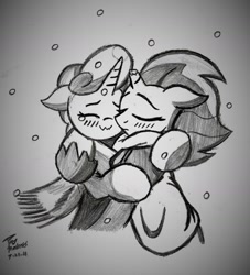 Size: 1669x1841 | Tagged: safe, artist:brekrofmadness, idw, character:fizzlepop berrytwist, character:glitter drops, character:tempest shadow, species:pony, ship:glittershadow, blushing, clothing, crying, eyes closed, female, hug, lesbian, monochrome, scarf, shipping, tears of joy, traditional art