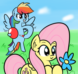 Size: 1111x1064 | Tagged: safe, artist:artiks, character:fluttershy, character:rainbow dash, species:pegasus, species:pony, newbie artist training grounds, abuse, atg 2018, balloon, balloon popping, duo, duo female, female, flower, flutterbuse, mare, mean, nail, popping, prank, pure unfiltered evil, rainbow douche, this will end in tears