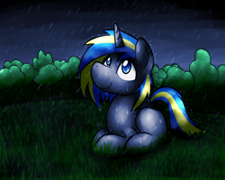 Size: 1280x1024 | Tagged: safe, artist:sugar morning, oc, oc:fizzygreen, species:pony, species:unicorn, blue, blue eyes, dark, equine, grass, gray, gray coat, green, horn, looking at the sky, looking up, lying down, male, nature, night, outdoors, rain, solo, stallion, tree, yellow