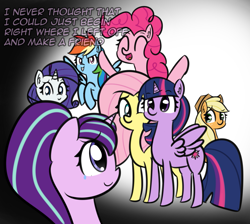 Size: 1397x1252 | Tagged: safe, artist:artiks, character:applejack, character:fluttershy, character:pinkie pie, character:rainbow dash, character:rarity, character:starlight glimmer, character:twilight sparkle, character:twilight sparkle (alicorn), species:alicorn, species:earth pony, species:pegasus, species:pony, species:unicorn, episode:the cutie re-mark, friends are always there for you, mane six, scene interpretation