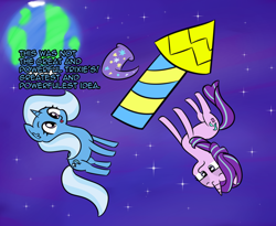 Size: 1640x1348 | Tagged: safe, artist:artiks, character:starlight glimmer, character:trixie, species:pony, species:unicorn, newbie artist training grounds, atg 2018, clothing, dialogue, duo, female, great and powerful, hat, mare, planet, rocket, space, starlight is not amused, stars, toy interpretation, trixie's hat, trixie's rocket, unamused
