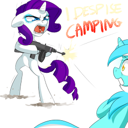 Size: 826x826 | Tagged: safe, artist:affanita, character:lyra heartstrings, character:rarity, species:pony, species:unicorn, angry, bipedal, colored pupils, eyeshadow, fangs, female, frown, glare, gritted teeth, gun, hoof hold, makeup, mare, open mouth, rarity despises camping, rifle, scared, shooting, simple background, text, tommy gun, transparent background, weapon, wide eyes