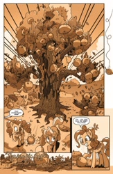 Size: 710x1091 | Tagged: safe, artist:pencils, idw, official comic, character:applejack, character:pinkie pie, species:earth pony, species:pony, apple, apple tree, comic, dialogue, female, food, giant apple, mare, preview, sepia, speech bubble, tree, xk-class end-of-the-world scenario