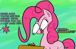 Size: 1432x928 | Tagged: safe, artist:artiks, character:pinkie pie, species:earth pony, species:pony, newbie artist training grounds, atg 2018, dialogue, diet, female, food, gratuitous japanese, implied twilight sparkle, mare, salad, solo