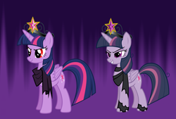 Size: 2656x1800 | Tagged: safe, artist:andoanimalia, idw, character:mean twilight sparkle, character:twilight sparkle, character:twilight sparkle (alicorn), species:alicorn, species:pony, episode:the mean 6, g4, my little pony: friendship is magic, abstract background, alternate universe, big crown thingy, clone, clothing, corrupted twilight sparkle, element of magic, evil, female, jewelry, ponies of dark water, purple background, red eyes, regalia, scarf, simple background