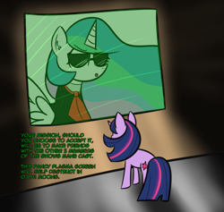 Size: 1280x1212 | Tagged: safe, artist:artiks, character:princess celestia, character:twilight sparkle, species:pony, species:unicorn, newbie artist training grounds, atg 2018, clothing, dialogue, mission impossible, screen, suit, sunglasses