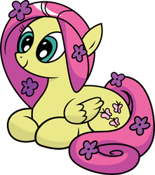 Size: 3972x4500 | Tagged: safe, artist:slb94, idw, character:fluttershy, cel shading, cute, flower, flower in hair, hippieshy, ponyloaf, prone, shyabetes, simple background, smiling, solo, transparent background, vector