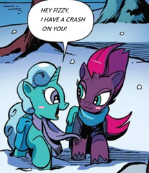 Size: 518x600 | Tagged: safe, edit, idw, character:fizzlepop berrytwist, character:glitter drops, character:tempest shadow, ship:glittershadow, clothing, exploitable meme, female, lesbian, meme, misspelling, saddle bag, scarf, shipping, shipping fuel