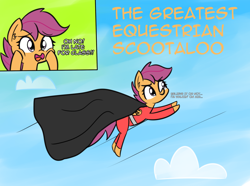 Size: 1280x950 | Tagged: safe, artist:artiks, character:scootaloo, species:pegasus, species:pony, newbie artist training grounds, atg 2018, cape, clothing, cloud, female, greatest american hero, mare, scootaloo can fly, sky, solo, spandex, superhero