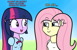 Size: 1280x831 | Tagged: safe, artist:artiks, character:fluttershy, character:twilight sparkle, newbie artist training grounds, my little pony:equestria girls, atg 2018, dialogue, duo, duo female, female, oh my
