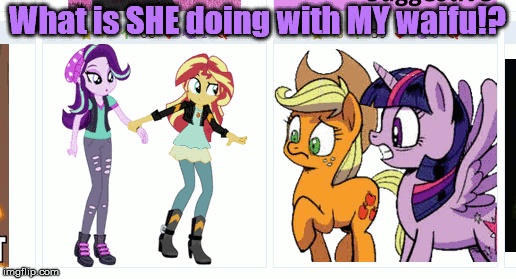 Size: 516x279 | Tagged: safe, idw, character:applejack, character:starlight glimmer, character:sunset shimmer, character:twilight sparkle, character:twilight sparkle (alicorn), species:alicorn, species:pony, derpibooru, ship:shimmerglimmer, ship:sunsetsparkle, ship:twistarlight, equestria girls:mirror magic, equestria girls:movie magic, g4, my little pony:equestria girls, animated, colored text, female, geode of empathy, gif, image macro, imgflip, implied polyamory, juxtaposition, lesbian, mathematician's answer, meme, meta, shipping, twishimmerglimmer, yes