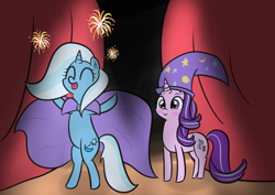 Size: 2220x1568 | Tagged: safe, artist:artiks, character:starlight glimmer, character:trixie, species:pony, species:unicorn, bipedal, blushing, cape, clothing, curtains, duo, duo female, female, fireworks, hat, mare, stage, trixie's cape, trixie's hat
