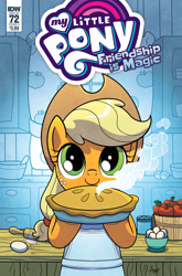 Size: 1186x1800 | Tagged: safe, artist:agnesgarbowska, idw, character:applejack, species:pony, apple, applejack's hat, bucket, c:, clothing, cover, cowboy hat, curtains, cute, egg, female, food, hat, hoof hold, jackabetes, mare, pie, rolling pin, smiling, window