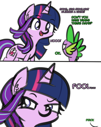 Size: 1161x1459 | Tagged: safe, artist:artiks, character:spike, character:starlight glimmer, species:dragon, species:pony, species:unicorn, newbie artist training grounds, 2 panel comic, atg 2018, comic, cute, dialogue, ear fluff, fake cutie mark, female, funny, male, mare, simple background, tape, twilight wig, white background