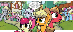 Size: 959x420 | Tagged: safe, artist:agnesgarbowska, idw, official comic, character:apple bloom, character:applejack, character:big mcintosh, character:caramel, character:daisy, character:derpy hooves, character:dewdrop dazzle, character:doctor whooves, character:flitter, character:goldengrape, character:lily, character:lily valley, character:lyra heartstrings, character:roseluck, character:time turner, species:earth pony, species:pegasus, species:pony, species:unicorn, apple siblings, dialogue, female, filly, flower trio, male, mare, ponyville mysteries, speech bubble, stallion