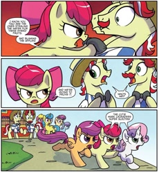 Size: 1053x1143 | Tagged: safe, artist:agnesgarbowska, idw, official comic, character:apple bloom, character:flam, character:flim, character:scootaloo, character:sweetie belle, species:earth pony, species:pegasus, species:pony, species:unicorn, comic, cutie mark crusaders, female, filly, flim flam brothers, male, ponyville mysteries, stallion