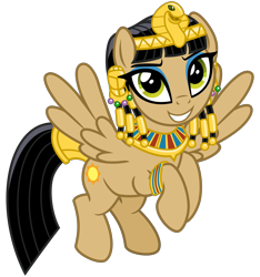 Size: 3000x3200 | Tagged: safe, artist:cheezedoodle96, idw, character:queen cleopatrot, species:pegasus, species:pony, .svg available, bracelet, braid, egyptian, eyeshadow, female, flying, from the shadows, headdress, idw showified, jewelry, makeup, mare, regalia, simple background, solo, svg, transparent background, vector