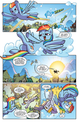 Size: 994x1528 | Tagged: safe, artist:pencils, idw, official comic, character:derpy hooves, character:rainbow dash, species:pegasus, species:pony, cloud, cloud busting, collision, comic, crash, crossed legs, dialogue, envelope, featureless crotch, female, flying, frog (hoof), mailmare, mare, motion lines, on back, one eye closed, open mouth, pain star, ponyville, preview, silhouette, speech bubble, spread wings, sun, underhoof, wings