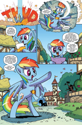 Size: 994x1528 | Tagged: safe, artist:pencils, idw, official comic, character:rainbow dash, species:pegasus, species:pony, comic, crash, crater, derp, dialogue, envelope, falling, female, implied derpy, mare, offscreen character, open mouth, pain star, preview, rainbow crash, rearing, speech bubble, thud, tongue out