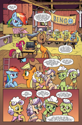 Size: 994x1528 | Tagged: safe, artist:pencils, idw, official comic, character:apple bloom, character:apple rose, character:applejack, character:auntie applesauce, character:goldie delicious, character:granny smith, character:rainbow dash, species:earth pony, species:pegasus, species:pony, barn, bored, comic, dialogue, faec, female, filly, gold horseshoe gals, lidded eyes, mare, preview, speech bubble