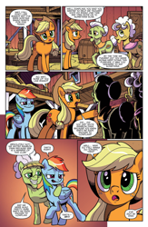 Size: 994x1528 | Tagged: safe, artist:pencils, idw, official comic, character:apple rose, character:applejack, character:auntie applesauce, character:goldie delicious, character:granny smith, character:rainbow dash, species:earth pony, species:pegasus, species:pony, barn, comic, dialogue, evil grin, faec, female, grin, mare, preview, smiling, smug, smugdash, speech bubble