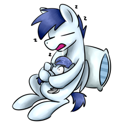 Size: 1024x1024 | Tagged: safe, artist:sugar morning, oc, oc only, oc:beefy, oc:slipstream, species:pegasus, species:pony, baby, boofy, colt, cradling, dog pony, drool, foal, male, open mouth, pillow, simple background, sitting, sleeping, stallion, transparent background, z