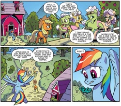 Size: 873x767 | Tagged: safe, artist:pencils, idw, official comic, character:apple rose, character:applejack, character:auntie applesauce, character:goldie delicious, character:granny smith, character:rainbow dash, species:earth pony, species:pony, apple tree, comic, cropped, dialogue, female, flying, gold horseshoe gals, mare, speech bubble, tree