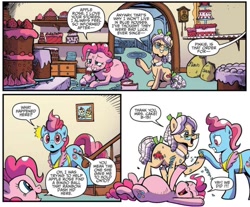 Size: 870x722 | Tagged: safe, artist:pencils, idw, official comic, character:apple rose, character:cup cake, character:pinkie pie, character:pound cake, character:pumpkin cake, species:earth pony, species:pony, belly, cake, comic, cropped, dialogue, fat, female, food, food baby, mare, pudgy pie, speech bubble, stuffed, sugarcube corner