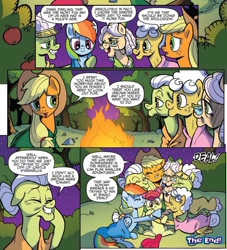 Size: 932x1025 | Tagged: safe, artist:pencils, idw, official comic, character:apple bloom, character:apple rose, character:applejack, character:auntie applesauce, character:goldie delicious, character:granny smith, character:rainbow dash, species:earth pony, species:pegasus, species:pony, blanket, campfire, comic, cropped, cute, dialogue, female, gold horseshoe gals, mare, speech bubble