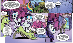 Size: 839x498 | Tagged: safe, artist:pencils, idw, official comic, character:auntie applesauce, character:rainbow dash, character:rarity, species:earth pony, species:pony, species:unicorn, clothing, comic, cropped, dialogue, dress, female, mare, speech bubble, voice actor joke